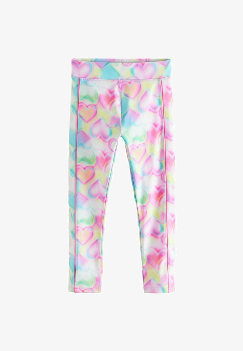 Bunte Leggings mit einem Herzmuster in sanften Pastellfarben von Pink, Blau und Grün, aus dehnbarem, leichtem Material.