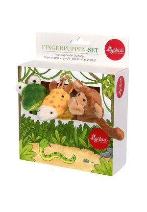 Poupées à doigts en peluche représentant une grenouille, une girafe et un singe, présentées dans un emballage à thème jungle avec des feuilles vertes et un chemin de serpent dessiné.