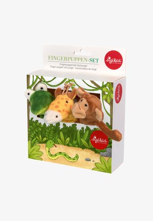 Plush finger puppets of a frog, giraffe, and monkey set in jungle-themed packaging with green leaves and a cartoon snake path.