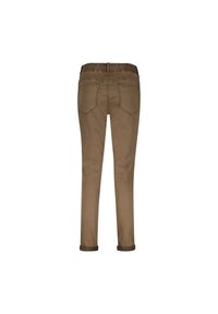 Brune, slim-fit bukser med en strækbar talje, opsmøgede for kanter og to baglommer; glat tekstur og minimale syninger.