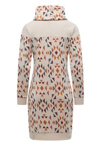 Hættekjole i lys beige med geometriske mønstre i orange, rød og teal. Blødt stof, lange ærmer samt ribbede manchetter og kant.