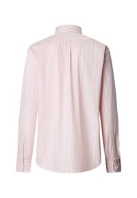 Chemise à manches longues à rayures rose pâle et blanches, avec col pointu, poignets boutonnés et un pli central dans le dos.