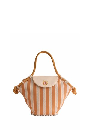 Gestreifte Handtasche aus orange-weißem Stoff mit abgerundeten Griffen, seitlichen Knotenriemen und einer beigen Klappe mit kleinem, eingesticktem Muster.
