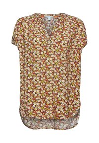 Blusa floreale in tessuto leggero, con scollatura a V, maniche corte e motivo floreale multicolore su uno sfondo scuro. Orlo arrotondato.