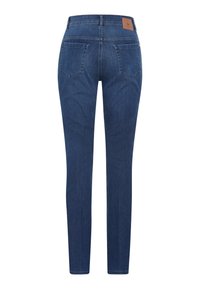 Strakke jeans in donkergemêleerd denim, met een standaard tailleband, achterzakken en een tan label op de achterkant. Gladde structuur, aansluitende pasvorm.