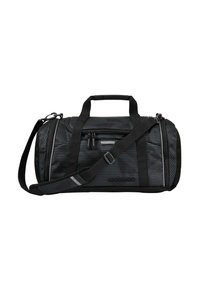 Schwarze Reisetasche mit horizontalen Streifen, strapazierfähiges Material, doppelte Griffe, verstellbarer Schultergurt, zwei Reißverschlussfächer, minimalistisches Design.