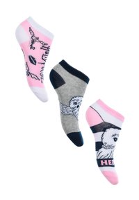 Tre paia di calzini alla caviglia: uno rosa con dettagli e grafica blu, uno grigio con punta in blu navy e un altro a righe rosa e bianche con design di gufo.