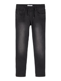 Pantalons en denim noir avec une finition légèrement décolorée, dotés de cinq poches, d'une taille élastique et d'un cordon de serrage. Design standard à jambe droite.