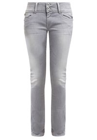 Jeans de mezclilla gris con corte recto, cierre de dos botones y un desvanecimiento sutil. Cuenta con bolsillos delanteros y traseros, y costuras en contraste.