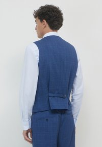 Uomo con capelli ricci, vestito con un gilet a quadretti blu e pantaloni coordinati, con una camicia bianca, di spalle rispetto alla macchina fotografica.