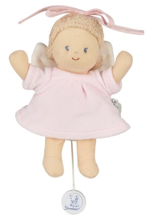 Soft plush angel doll with curly hair, pink dress, wings, pink bow, and a pull string music box labeled Sterntaler.