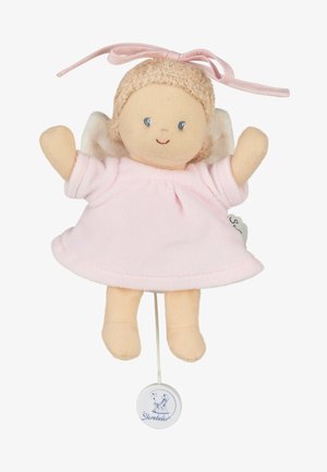 Soft plush angel doll with curly hair, pink dress, wings, pink bow, and a pull string music box labeled Sterntaler.