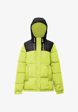 Giacca a vento verde e nera con cappuccio, dotata di tasche con zip e una texture trapuntata. Un audace design a blocchi di colore definisce il suo stile.