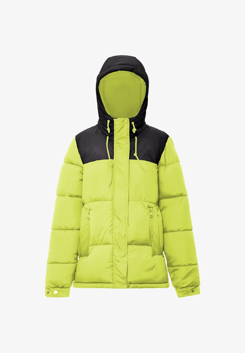 Grøn og sort pufferjakke med hætte, der har lynlåslommer og en quiltet tekstur. Et dristigt farveblokdesign definerer dens stil.