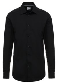 Zwarte blouse met lange mouwen van gladde stof; voorzien van een klassieke kraag en een subtiele gemêleerde voering bij de hals.