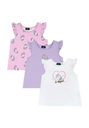 Tres tops sin mangas: uno rosa con estampado de unicornio, uno liso en lavanda y uno blanco con el texto "sé mágico" y una ilustración de unicornio. Mangas con volantes.