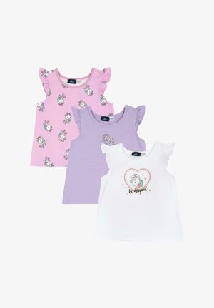 Drei ärmellose Oberteile: pink mit Einhorn-Print, einfarbig lavendel und weiß mit dem Text "sei magisch" und einer Einhorn-Illustration. Rüschenärmel.