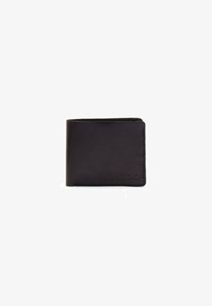 Black leather wallet with a bi-fold design, smooth texture, visible stitching, and embossed brand name "AKARDO" on the front.
