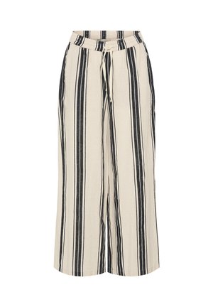 Béžové nohavice so širokými nohavicami s vertikálnymi čiernymi pruhmi a nastaviteľným pásom na sťahovanie, vyrobené z ľahkej tkaniny.
