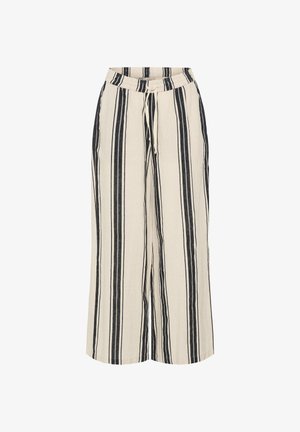 Béžové nohavice so širokými nohavicami s vertikálnymi čiernymi pruhmi a nastaviteľným pásom na sťahovanie, vyrobené z ľahkej tkaniny.