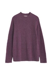 Violets adīts džemperis ar apaļu kakla izgriezumu, garām piedurknēm un ribotām malām. Iezīmēts ar teksturētu rakstu, kas satur daudzkrāsainus flekus visā virsmā.