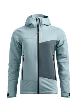 Light blue jacket with gray accents, featuring a zip closure, hood, and multiple pockets. Made from smooth, lightweight fabric.