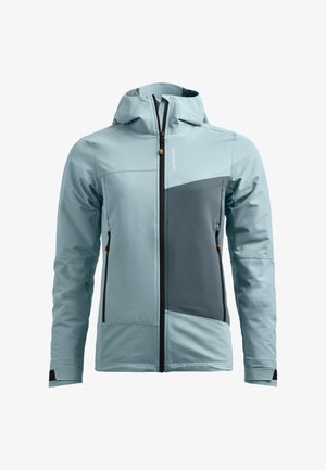 Hellblaues Jackett mit grau abgesetzten Details, mit Reißverschluss, Kapuze und mehreren Taschen. Hergestellt aus glattem, leichtem Stoff.