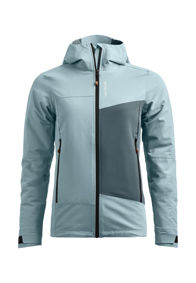 Hellblaues Jackett mit grau abgesetzten Details, mit Reißverschluss, Kapuze und mehreren Taschen. Hergestellt aus glattem, leichtem Stoff.