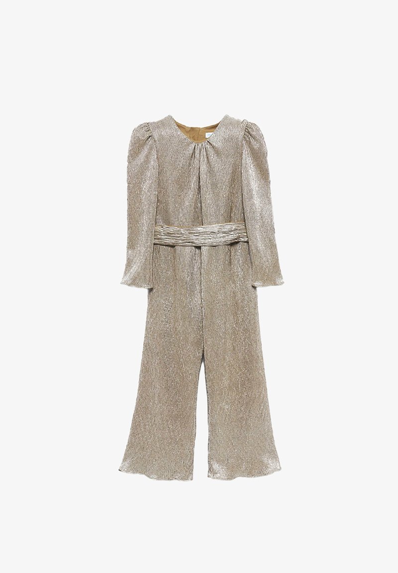 Combinaison argentée métallisée à manches longues, col rond et finition texturée ; dotée d'une ceinture plissée assortie mettant en valeur la taille.
