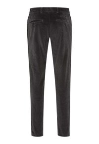 Pantaloni in corduroy grigi con vestibilità slim, dotati di due tasche posteriori e sottili righe verticali per un effetto texture. Finitura in tessuto liscia.