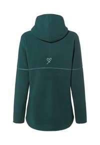 Fleece hoodie in donkergroen, met een capuchon, lange mouwen en een kleine witte hartjesbroderie op de achterkant. Zachte textuur, casual ontwerp.