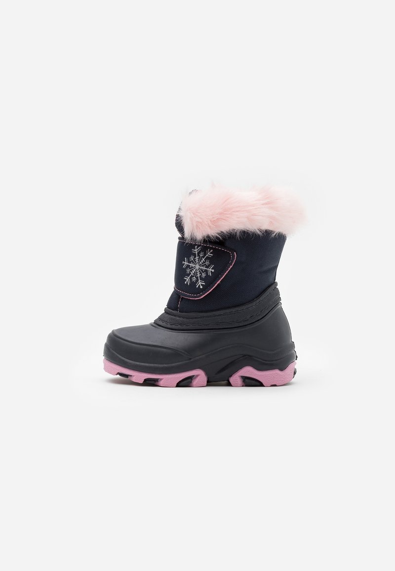 Black waterproof boot with pink sole and faux fur collar. Features snowflake detail and contrasting stitching on a fabric upper.
