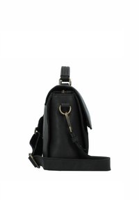 Zwarte leren handtas met een gestructureerde afwerking, voorzien van een zijrits en een verstelbare schouderriem, en gouden hardware accenten.