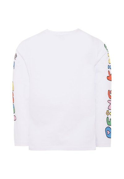 T-shirt bianco a maniche lunghe con stampe colorate in stile cartone animato sulle maniche. Tessuto in cotone morbido, collo a giro, vestibilità rilassata.