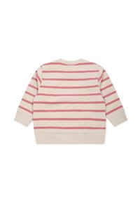 Felpa beige con strisce orizzontali rosa, dotata di collo rotondo, polsini e orlo a costine. Tessuto morbido e testurizzato, vestibilità rilassata.