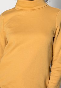 Jersey de cuello alto color mostaza hecho de una tela suave. Presenta mangas largas y un ajuste ceñido con una textura lisa y un mínimo de detalles.