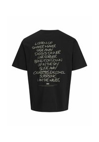Black cotton t-shirt featuring handwritten text on the back in light green, listing song titles in a casual, informal style.