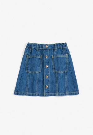 Mini-jupe en jean avec boutons sur le devant, deux grandes poches avant et une ceinture élastique, présentée sur fond blanc.