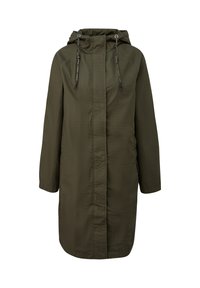 Lange olijfgroene jas met capuchon, voorzien van een voorrits en trekkoordjes, ontworpen voor koud of regenachtig weer.