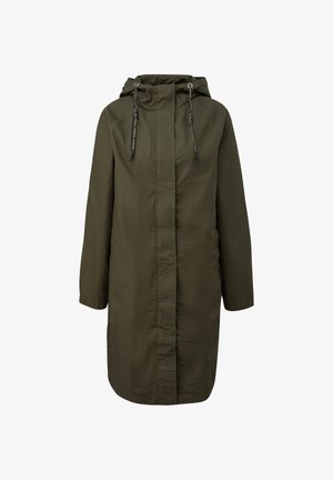 Langer olivgrüner Kapuzenmantel mit Reißverschluss vorne und Kordelzug, entworfen für kaltes oder regnerisches Wetter.