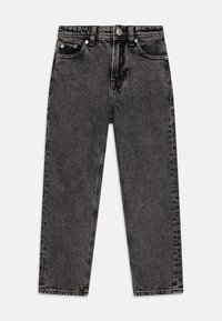 Vaqueros de mezclilla negra con un diseño de pierna recta, que presentan una cintura alta, cinco bolsillos y detalles de costura sutiles en las costuras.