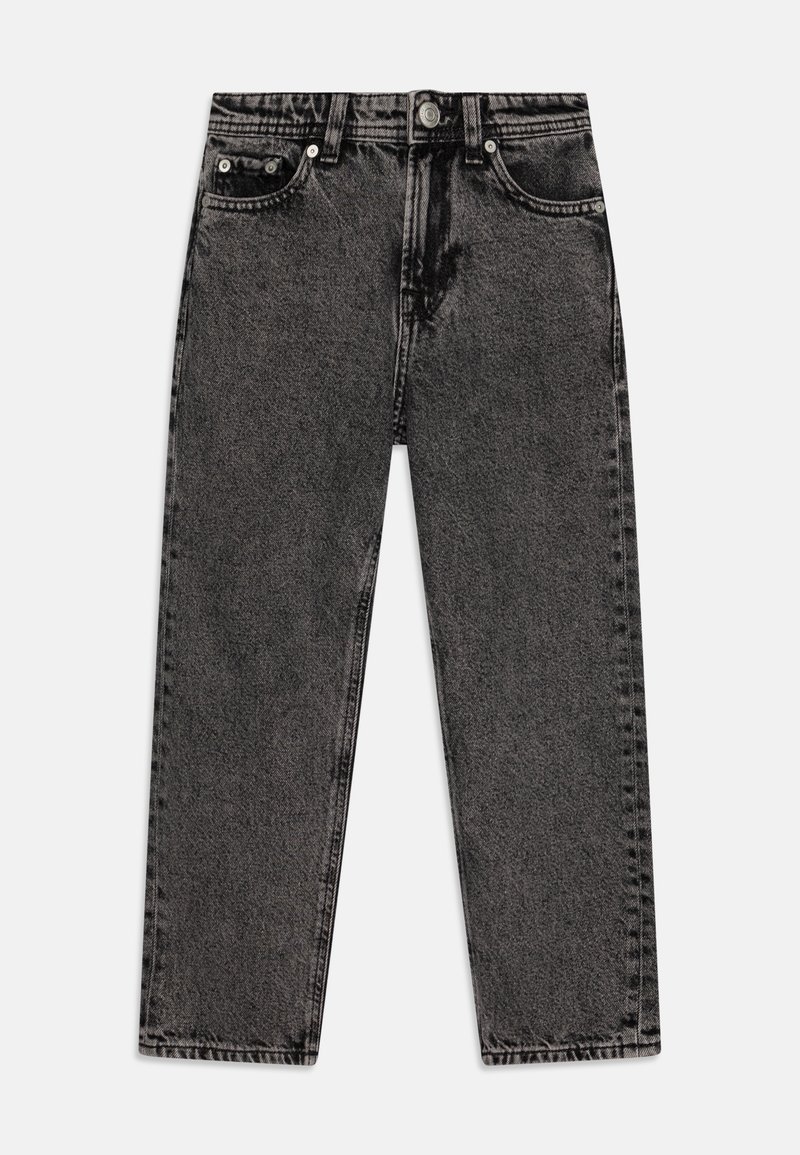 Vaqueros de mezclilla negra con un diseño de pierna recta, que presentan una cintura alta, cinco bolsillos y detalles de costura sutiles en las costuras.