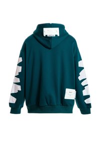 Sudadera verde azulado con acentos gráficos blancos en las mangas, tela suave, capucha ajustable y una etiqueta en el lateral. Corte estándar.