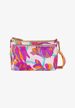 Borsa a tracolla floreale multicolore con vivaci tonalità di rosa, viola e verde su uno sfondo chiaro, dotata di due scomparti con zip e una tracolla.