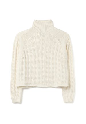 Chunky gebreide crèmekleurige trui met een hoge hals, geribbelde textuur en cropped ontwerp. Heeft raglanmouwen en een losse pasvorm.