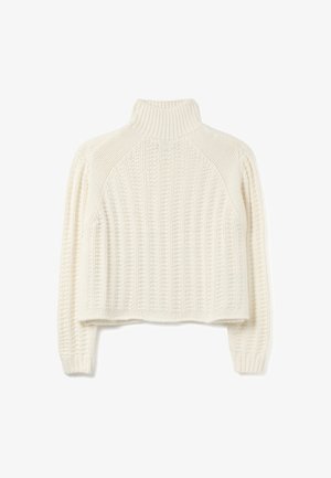 Cremfarbener, grob gestrickter Pullover mit hohem Kragen, gerippter Textur und verkürztem Schnitt. Verfügt über Raglanärmel und einen lockeren Sitz.