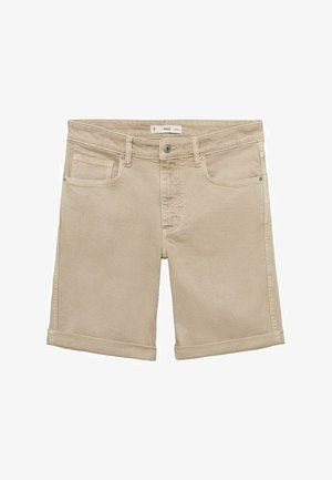 Shorts in denim beige con orlo arrotolato, caratterizzati da un design a cinque tasche e chiusura con bottone e zip. Texture liscia con dettagli di cucitura minimi.