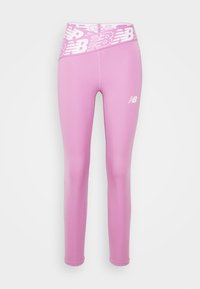 Różowe legginsy sportowe z wysokim stanem. Wykonane z elastycznego materiału, z logo na pasie i powyżej lewej kolana. Gładka faktura.
