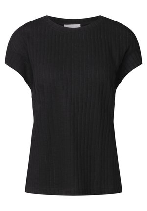 Schwarzes, geripptes Kurzarmoberteil mit rundem Ausschnitt, weicher Textur und lässigem Schnitt, entworfen für Komfort und Vielseitigkeit.
