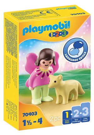 Playmobil 1-2-3 set featuring a figure with pink wings, white top, green pants, and a yellow fox. Box design includes bright colors and icons.